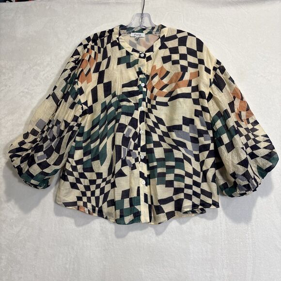 Fate Women’s Geometric Button Down Balloon Puff Ruffle Cuff Sleeve Blouse Small - Picture 1 of 13